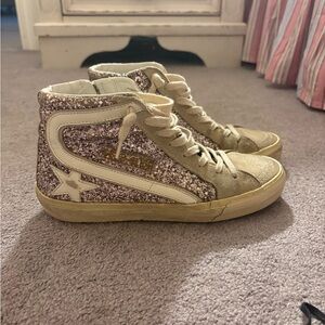 Golden Goose Slide in lilac glitter with white leather star and flash High top